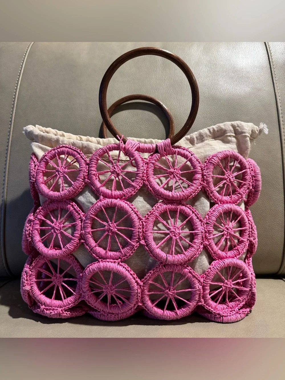 Woven Circle Statement Tote in Hot Pink with Wooden Handles with Beige Lining